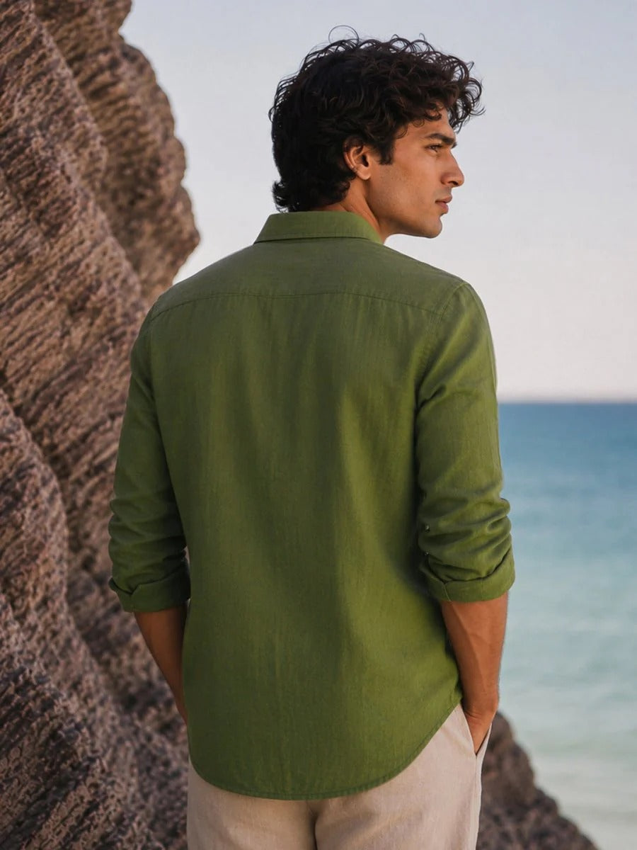 Oralix Men's Premium Olive Green Linen Blend Casual Shirt | Full Sleeve Breathable Summer Shirt | Regular Fit | Sizes XS to 6XL