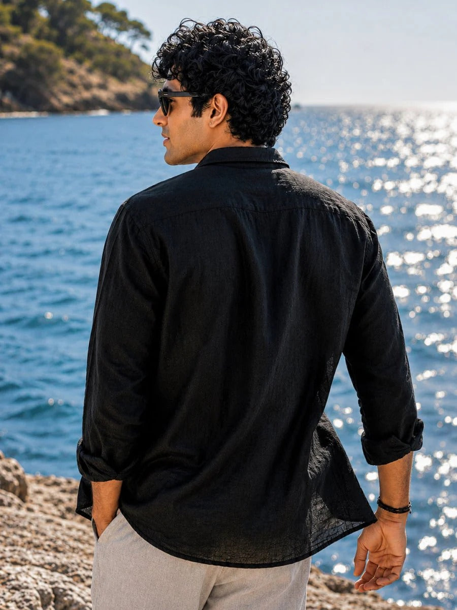 Oralix Men's Premium Jet Black Linen Blend Casual Shirt | Full Sleeve Breathable Summer Shirt | Regular Fit | Sizes XS to 6XL