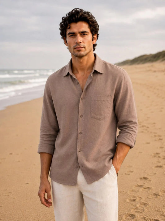 Oralix Men's Premium Taupe Brown Linen Blend Casual Shirt | Full Sleeve Breathable Summer Shirt | Regular Fit | Sizes XS to 6XL