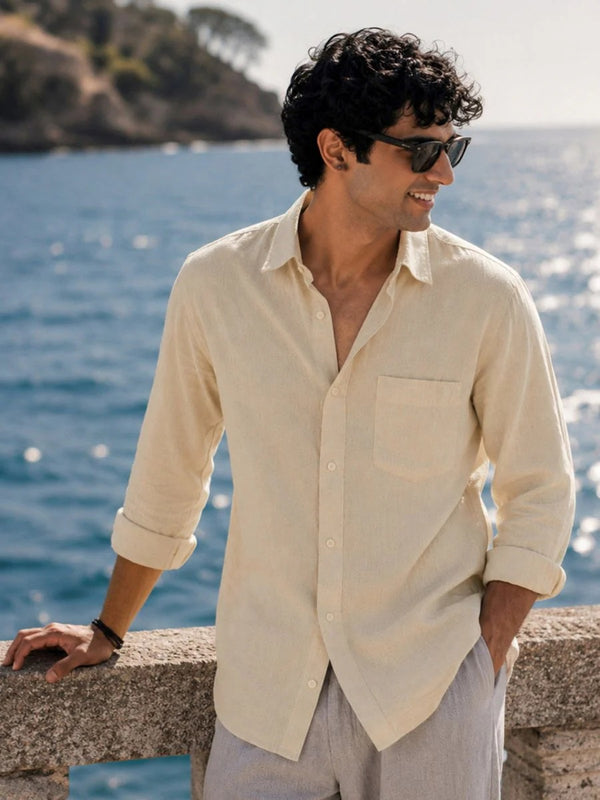 Oralix Men's Premium Soft Cream Linen Blend Casual Shirt | Full Sleeve Breathable Summer Shirt | Regular Fit | Sizes XS to 6XL