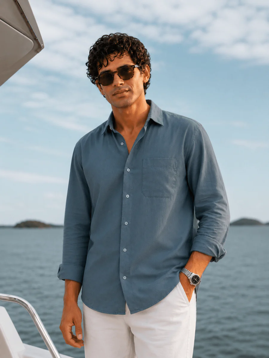 Oralix Men's Premium Slate Blue Linen Blend Casual Shirt | Full Sleeve Breathable Summer Shirt | Regular Fit | Sizes XS to 6XL