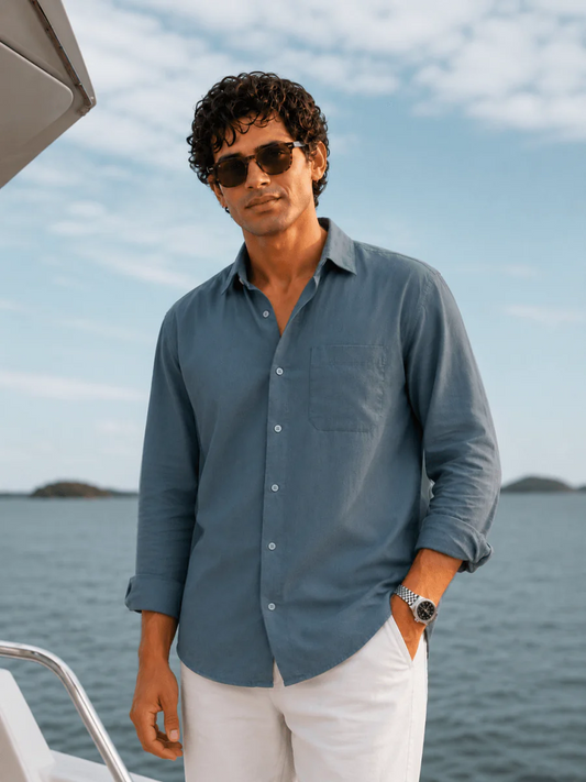 Oralix Men's Premium Slate Blue Linen Blend Casual Shirt | Full Sleeve Breathable Summer Shirt | Regular Fit | Sizes XS to 6XL
