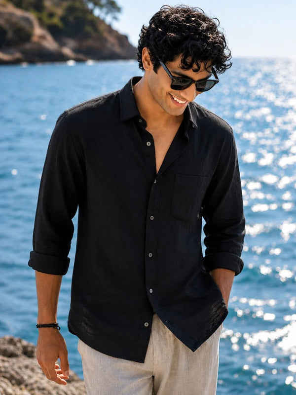 Oralix Men's Premium Jet Black Linen Blend Casual Shirt | Full Sleeve Breathable Summer Shirt | Regular Fit | Sizes XS to 6XL
