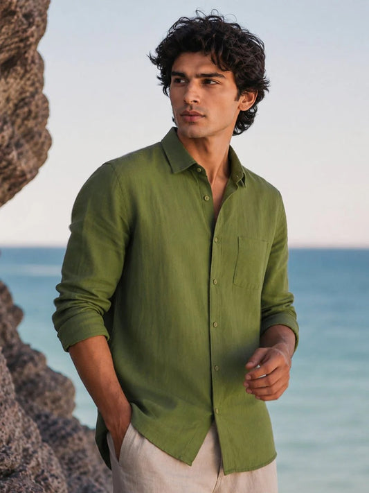 Oralix Men's Premium Olive Green Linen Blend Casual Shirt | Full Sleeve Breathable Summer Shirt | Regular Fit | Sizes XS to 6XL
