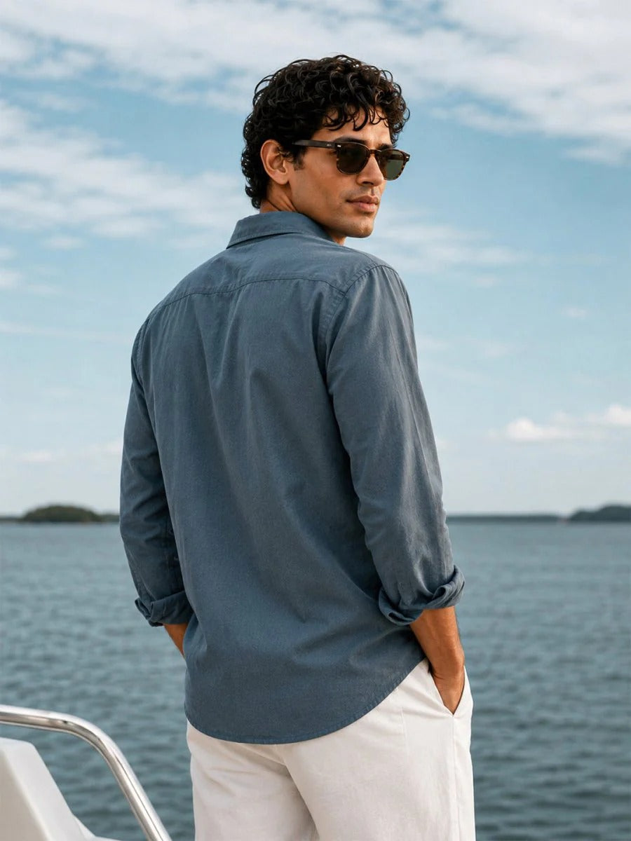 Oralix Men's Premium Slate Blue Linen Blend Casual Shirt | Full Sleeve Breathable Summer Shirt | Regular Fit | Sizes XS to 6XL